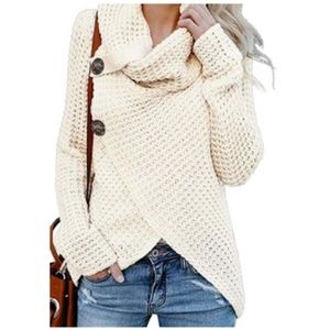 Turtle CowlNeck ChunkyButton WrapPullover Sweater5